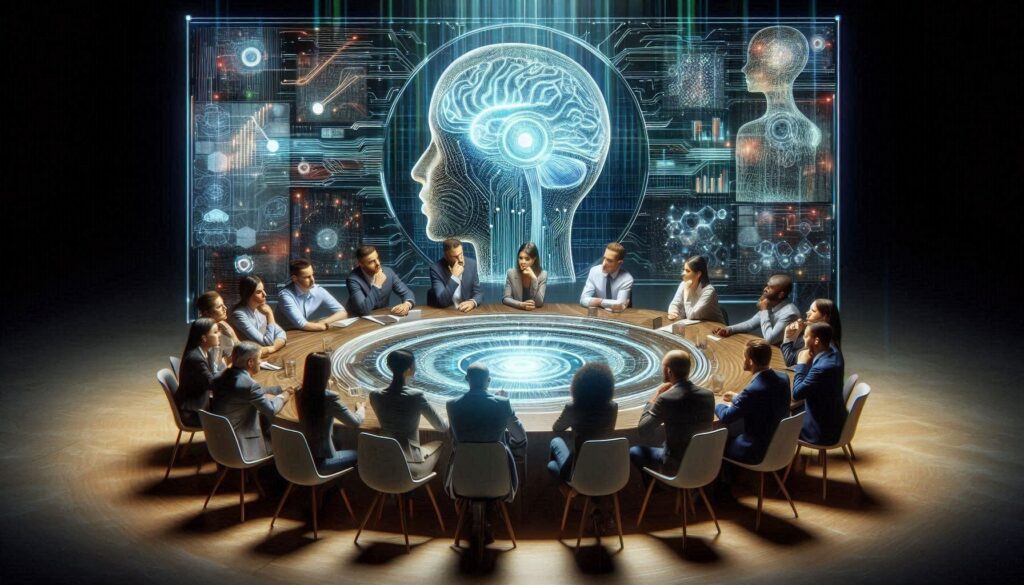 گروه متنوعی از افراد درگیر بحث عمیقی در مورد ملاحظات اخلاقی هوش مصنوعی، از جمله OpenAI GPT، دور یک میز دایرهای با یک نمایشگر هولوگرافیک آیندهنگر در مرکز جمع شدند. پسزمینه نمایشهای انتزاعی از هوش مصنوعی، از جمله مغز درخشان و مدارهای دیجیتال را نشان میدهد.