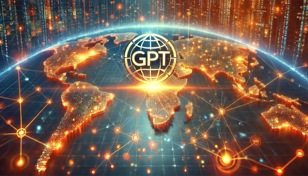 یک نقشه جهانی بصری خیرهکننده و آیندهنگر با اتصالات دیجیتال، که حول لوگوی درخشان OpenAI GPT متمرکز شده و قابلیتهای ترجمه زبان جهانی را نشان میدهد.