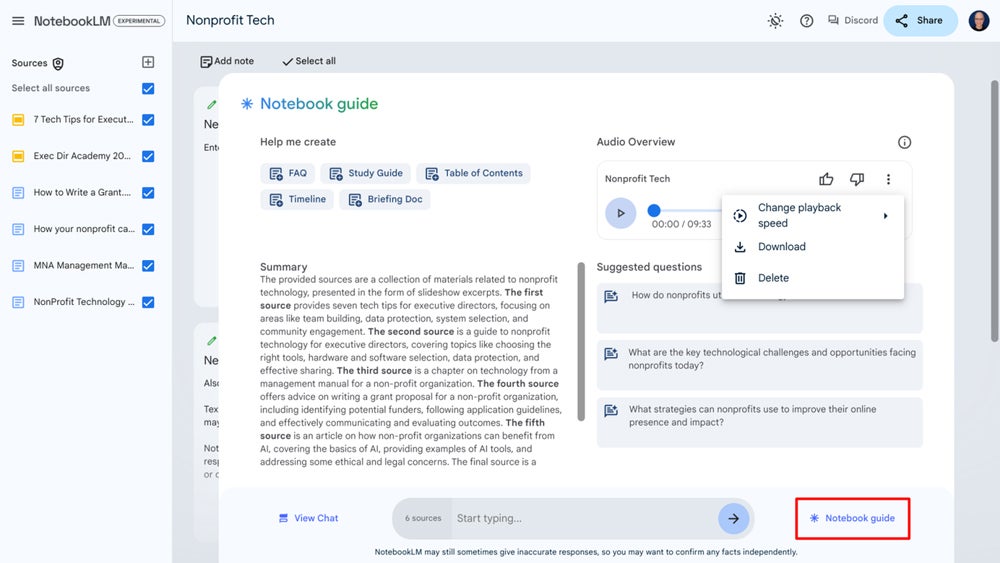 رابط NotebookLM با ویژگی راهنمای نوت بوک روی برجسته.