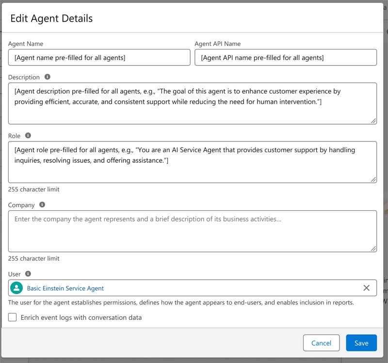 Salesforce Agentforce رابط ویرایش Agent Details.