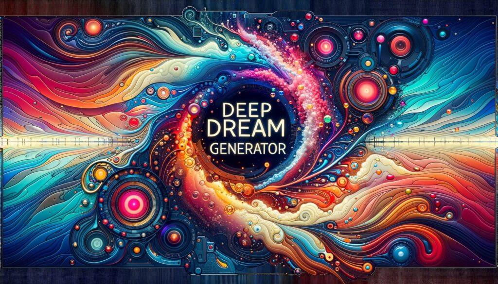 یک طرح انتزاعی پر جنب و جوش و رنگارنگ که نمایانگر Deep Dream Generator است که دارای رنگ های چرخان و الگوهای پیچیده اطراف متن است. "Deep Dream Generator" در مرکز