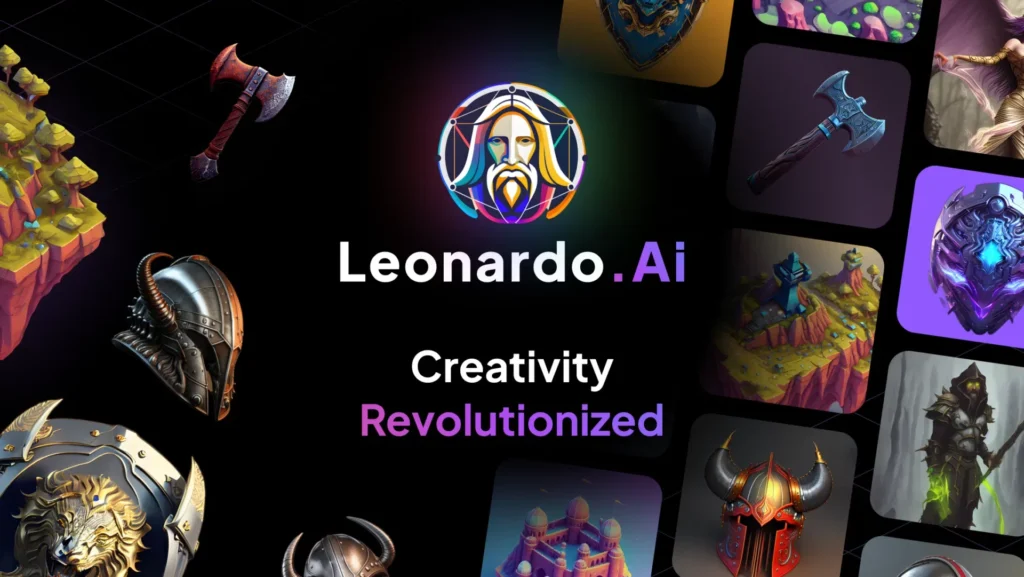 رابط Leonardo.AI با نمایش طرح‌های سه بعدی خلاقانه مختلف، از جمله کلاه ایمنی، سلاح‌ها و عناصر فانتزی، ایده‌آل برای طراحی لباس‌های AI.