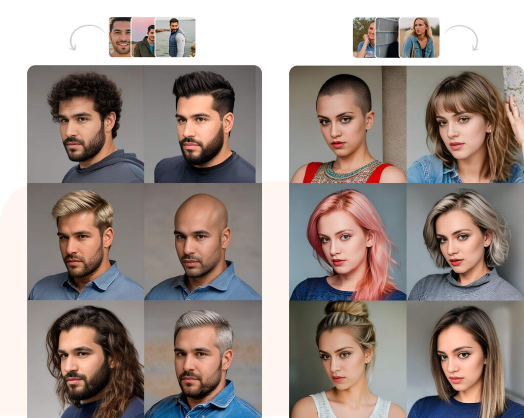 تغییرات مدل موی ایجاد شده توسط هوش مصنوعی با استفاده از Hairstyle AI، به نمایش گذاشتن ظاهرهای مختلف برای مردان و زنان، مناسب برای بهبود طراحی لباس‌های هوش مصنوعی.