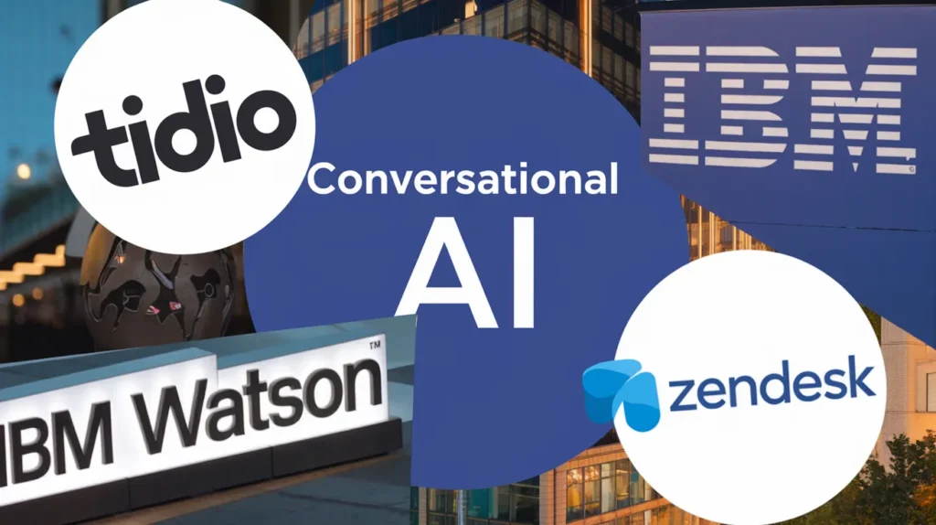 لوگوهای Tidio، IBM Watson، و Zendesk پیرامون عبارت «هوش مصنوعی مکالمه‌ای» که نشان‌دهنده پلتفرم‌های محبوب در فناوری هوش مصنوعی مکالمه است.