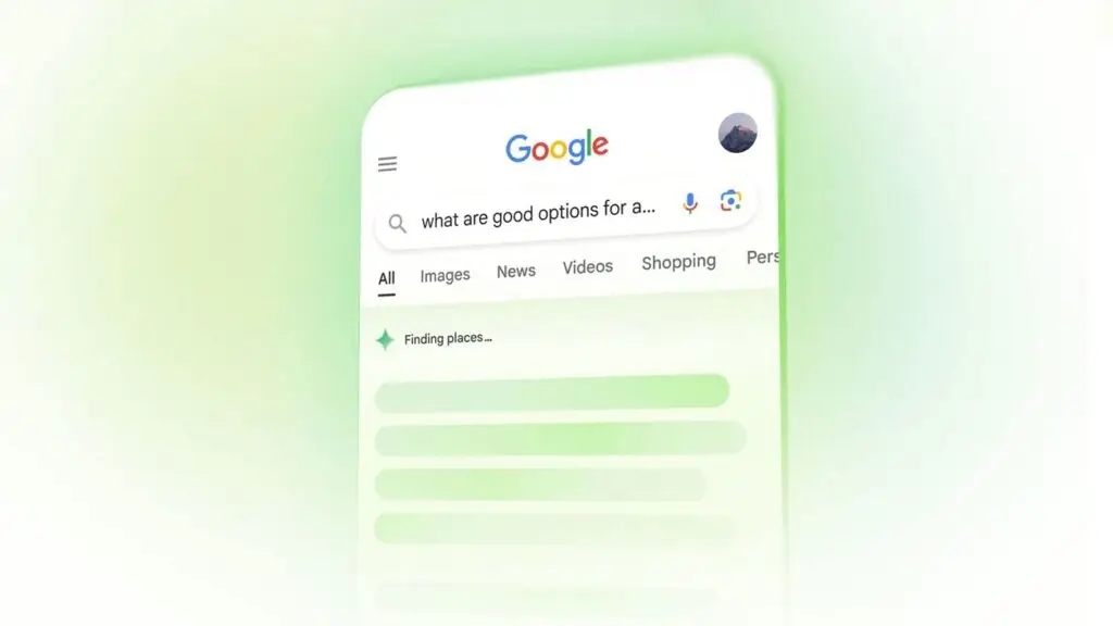 رابط جستجوی Google در تلفن هوشمند، درخواست گزینههای حیاط خلوت را با دستههای جستجو و نتایج مکاننما نشان میدهد.