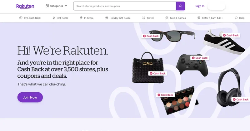 صفحه اصلی Rakuten با کمک دستیار خرید هوش مصنوعی، پیشنهادات بازگشت نقدی را برای محصولاتی مانند عینک آفتابی، کفش‌های کتانی، کیف دستی، لوازم آرایش، و هدفون نشان می‌دهد.
