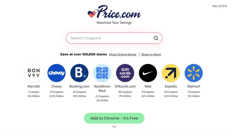 صفحه اصلی Price.com که نوار جستجوی کوپن ها و پس انداز را در بیش از 100000 فروشگاه به نمایش می گذارد، با کمک یک دستیار خرید هوش مصنوعی.