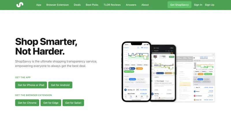 صفحه اصلی ShopSavvy که نمودارهای مقایسه قیمت و ابزارهای شفافیت خرید را با دستیار خرید هوش مصنوعی برای شکار معاملات هوشمندتر و کارآمد نشان می دهد.