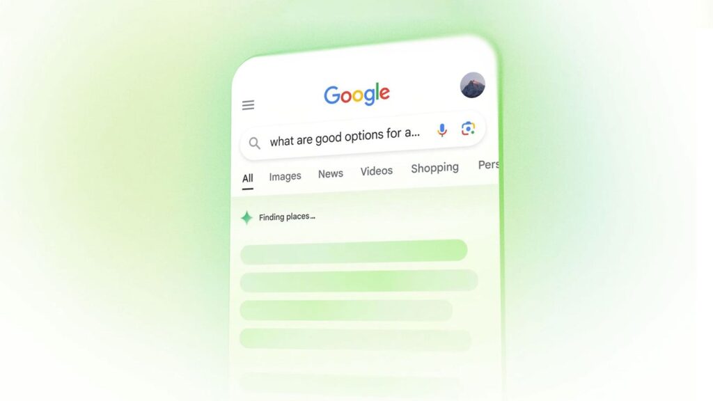 رابط جستجوی Google در تلفن هوشمند، درخواست گزینه‌های حیاط خلوت را با دسته‌های جستجو و نتایج مکان‌نما نشان می‌دهد.