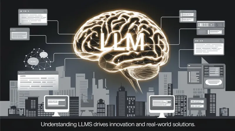 یک مغز درخشان با برچسب "LLM" احاطه شده توسط ابزارهای متصل مانند رابط های چت، مرورگرهای وب، و صفحه نمایش داده ها، که نشان می دهد چگونه LLM ها راه حل های دنیای واقعی را هدایت می کنند.