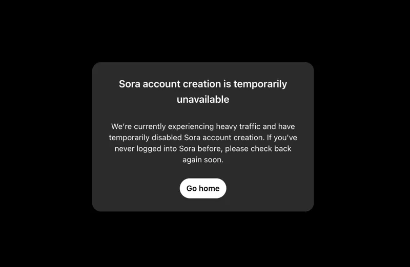 اعلان در دسترس نبودن ایجاد حساب Sora
