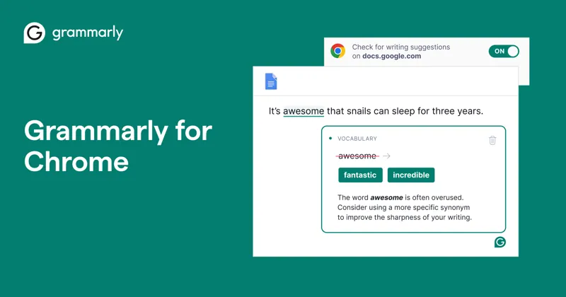 Grammarly for Chrome، یک برنامه افزودنی هوش مصنوعی، پیشنهادهای دستور زبان و سبک را برای نوشتن واضح‌تر و صیقلی‌تر در Google Docs و موارد دیگر ارائه می‌دهد.
