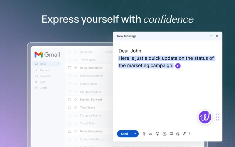 افزونه Wordtune AI در Gmail، وضوح و لحن ایمیل را با پیشنهادهای بازنویسی بلادرنگ برای ارتباطات صیقلی بهبود می‌بخشد.