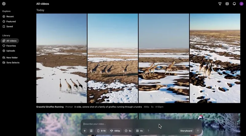 تصویری از رابط OpenAI Sora که یک ویدیوی تولید شده توسط هوش مصنوعی با عنوان را نشان می دهد "زرافه های زیبا در حال دویدن،" خانواده‌ای از زرافه‌ها که در یک منظره تاندرا می‌دوند. این تصویر نحوه استفاده از Sora را برای تولید صحنه های واقعی از پیام های متنی برجسته می کند.