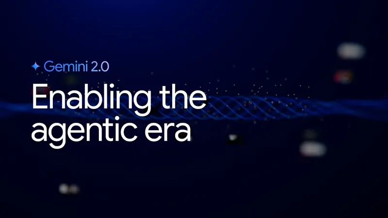 لوگوی Gemini 2.0 با متن «فعال کردن عصر عامل» در پس زمینه آبی تیره با طراحی موجی روان و ذرات درخشان ظریف، که نماد آینده فناوری هوش مصنوعی است.