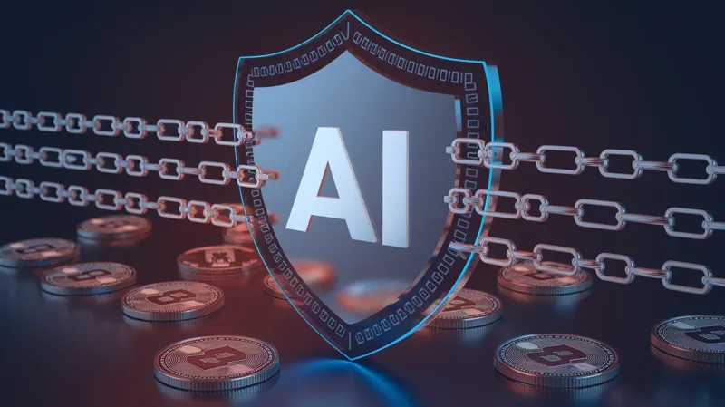 مفهوم امنیتی AI Crypto دارای یک سپر با متن «AI»، احاطه شده توسط زنجیره‌های دیجیتال و سکه‌های رمزنگاری در یک طراحی آینده‌نگر.