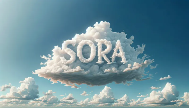 لوگوی Sora به طور خلاقانه ای توسط ابرهای سفید کرکی در مقابل آسمان آبی روشن با پس زمینه ای آرام شکل گرفته است