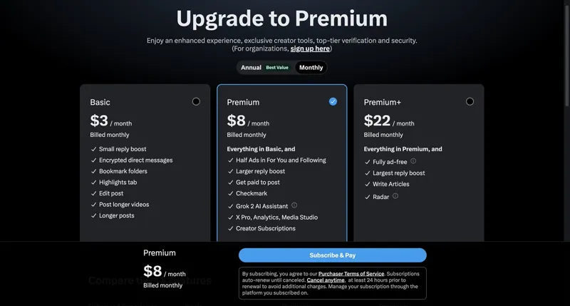 گزینه‌های اشتراک برای طرح‌های Basic، Premium و Premium+، از جمله ویژگی‌هایی مانند تقویت پاسخ، دستیار هوش مصنوعی Grok، و تجربه بدون آگهی.