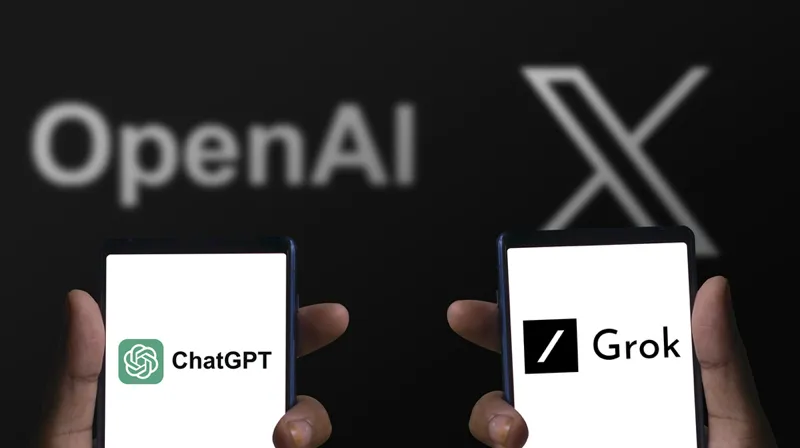 دو گوشی هوشمند که نشان‌های ChatGPT و Grok را نشان می‌دهند و OpenAI و X در پس‌زمینه محو شده‌اند.