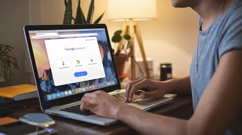شخصی که از لپ‌تاپ با دستیار Google استفاده می‌کند و روی صفحه باز است و فناوری هوش مصنوعی را در کمک مجازی برای بهره‌وری و کارهای روزانه به نمایش می‌گذارد.