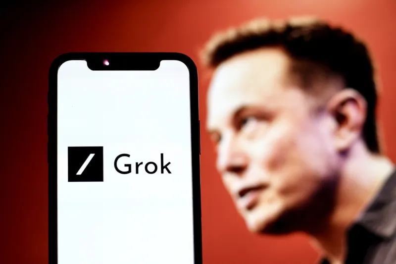 یک گوشی هوشمند لوگوی Grok 2 را با یک مرد تار در پس زمینه در پس زمینه قرمز نمایش می دهد.