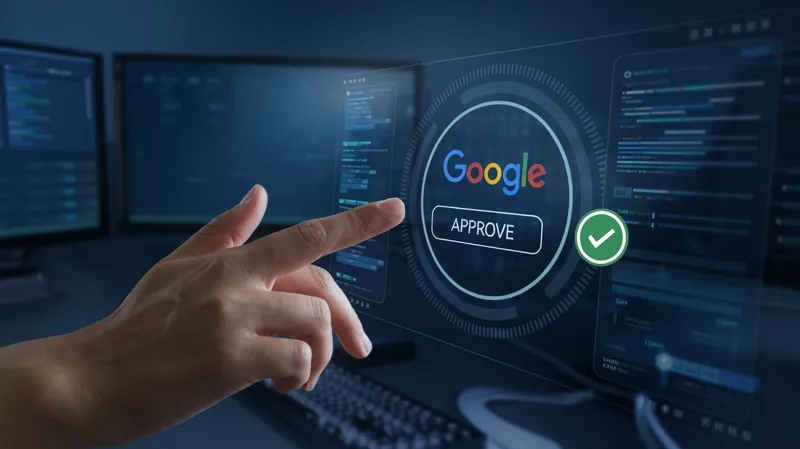 یک دست انسان با یک رابط هولوگرافی که نشان دهنده آرم Google است ، در تعامل است. "تصویب ،" و یک علامت سبز ، نمادی از نقش AI به عنوان یک دانشمند در اتوماسیون و بهینه سازی فرآیندهای تأیید برای افزایش کارایی.