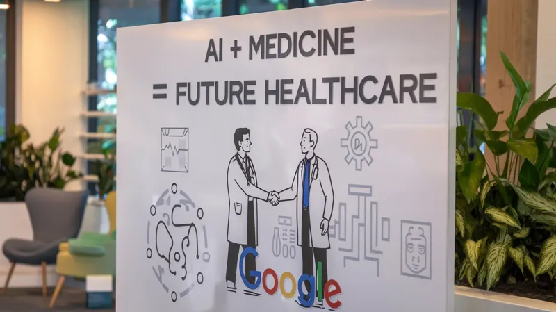 آرم Google در کنار متن نمایش داده می شود "AI + پزشکی = مراقبت های بهداشتی آینده" و شماره "0 ،" نماد پتانسیل هوش مصنوعی به عنوان یک دانشمند مشترک برای تغییر مراقبت های بهداشتی و نزدیک شدن تعداد بیماریهای قابل پیشگیری به صفر.
