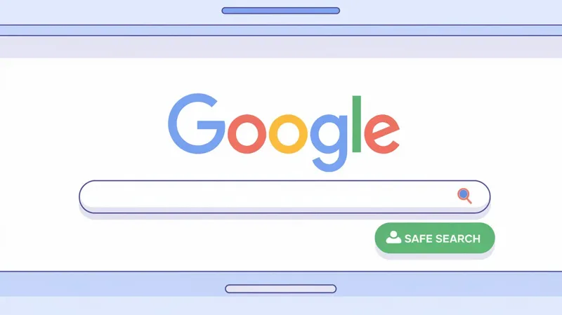 یک تصویر تمیز و ساده از رابط جستجوی Google بر روی صفحه تبلت ، شامل آرم Google ، یک نوار جستجو با یک نماد ذره بین و یک "جستجوی ایمن" دکمه ، نمایانگر اصول طراحی کاربر پسند که توسط پروژه Roost کاوش شده است.