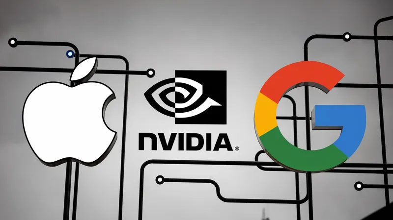 آرم های اپل ، NVIDIA و Google در برابر پس زمینه الهام گرفته از مدار نمایش داده می شوند و نماینده همکاری AI Industries با مبتکران برتر فناوری هستند.