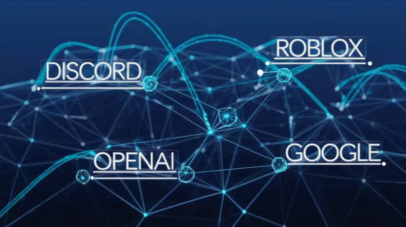   تجسم شبکه ای از شرکتهای بزرگ فناوری ، از جمله Discord ، Openai ، Google و Roblox ، که توسط خطوط درخشان در برابر پس زمینه تاریک وصل شده اند و نشان دهنده ارتباط آنها در اکوسیستم دیجیتال است ، همانطور که توسط پروژه Roost تصور می شود.
