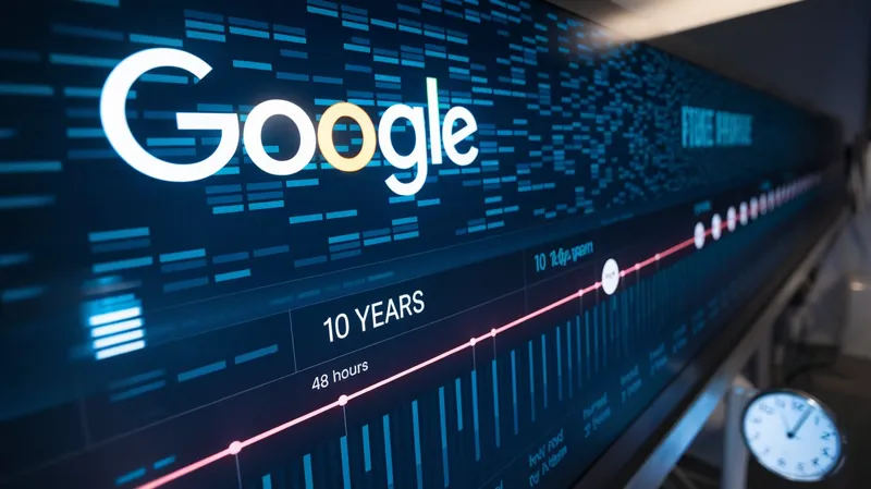 نمایش پویا از عناصر بصری Google ، از جمله آرم Google ، یک گرافیک جدول زمانی مشخص شده "10 سال" وت "48 ساعت ،" و یک ساعت دیجیتالی ، نشان دهنده سرعت سریع توسعه فناوری با هوش مصنوعی به عنوان یک دانشمند.