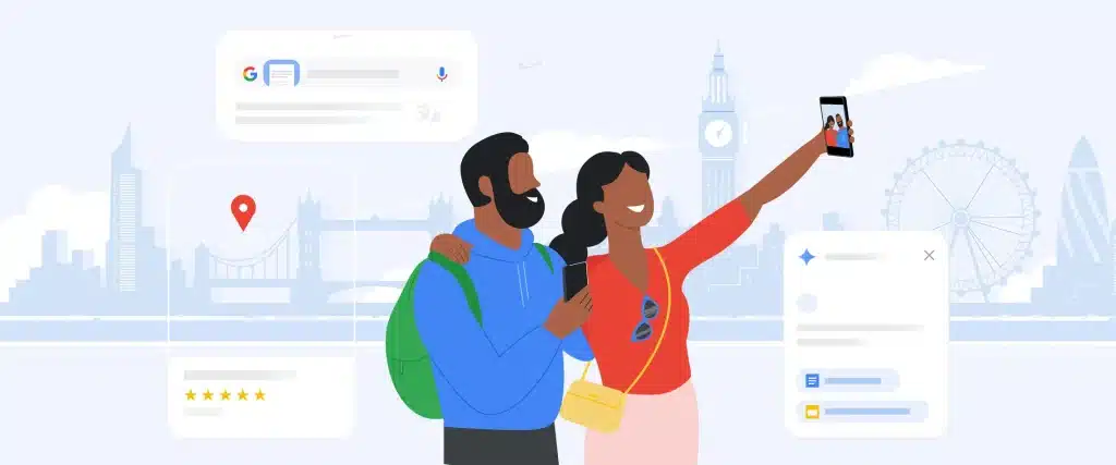 تصویر یک زوج خوشحال که در حال مسافرت و گرفتن سلفی هستند ، با ویژگی های برنامه ریزی سفر AI Google ، مکان ها و نکات سفر را نشان می دهد.