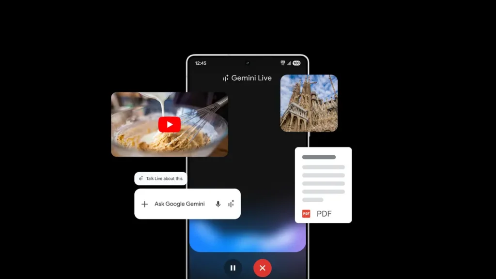 رابط Live Gemini با پوشش های تعاملی که یک فیلم آشپزی ، عکس معماری ، سند PDF و ورودی فرمان صوتی را نشان می دهد.