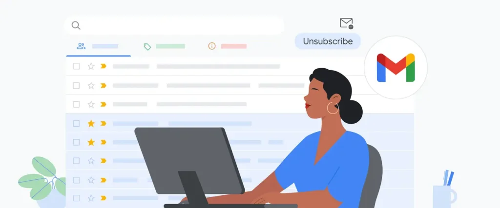 تصویر یک زن با استفاده از لپ تاپ با رابط صندوق ورودی Gmail در پس زمینه ، دارای یک دکمه لغو اشتراک و آرم Google Gmail ، متصل به Google Veo 3.