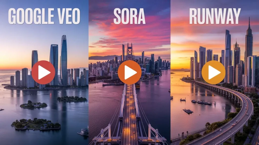 مقایسه سیستم عامل های Google Veo ، Sora و Bunway با استفاده از فناوری کلیپ ژنراتور ویدیویی AI ، نشان دادن مناظر آینده نگر در غروب آفتاب با دکمه های بازی پوشانده.