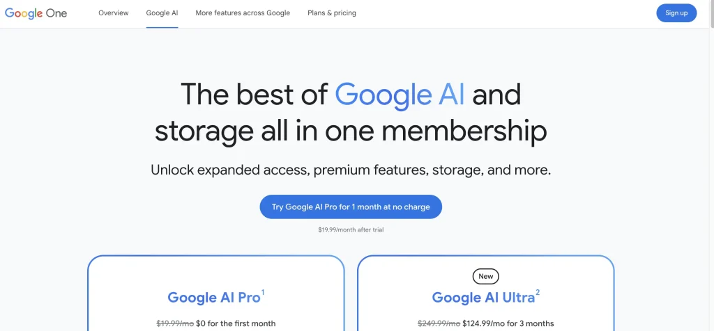 صفحه تبلیغاتی عضویت Google Veo 3 و Google AI که برنامه هایی را برای Google AI Pro و Google AI Ultra با جزئیات قیمت گذاری نشان می دهد.

