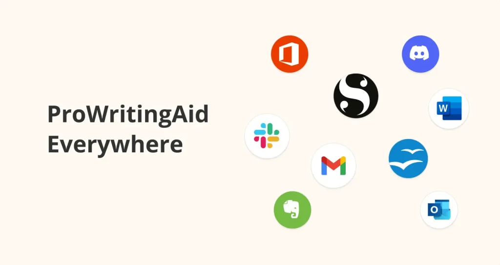 Prowritingaid در همه جا گرافیک نشان می دهد که نمادهای ادغام با برنامه هایی مانند Microsoft Office ، Discord ، Word ، Slack ، Gmail ، Evernote ، Scrivener ، OpenOffice و Outlook را برجسته می کنند و قابلیت های AI Proofreader آن را برجسته می کنند.

