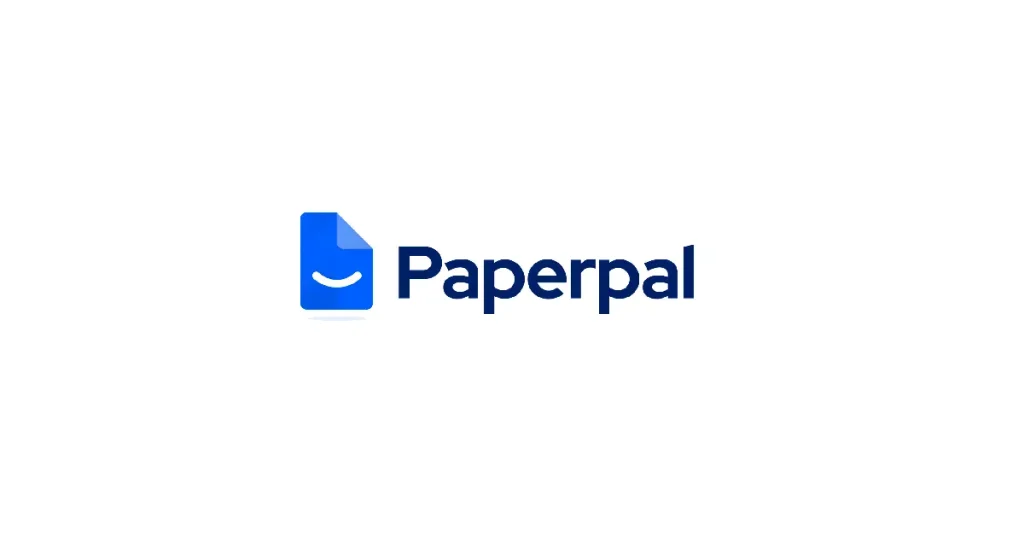 آرم PaperPal که دارای یک نماد اسناد آبی با چهره لبخند در کنار کلمه 