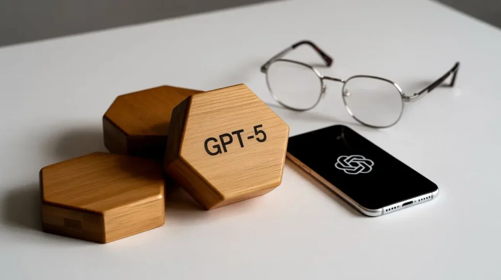 شش ضلعی چوبی با برچسب GPT-5 در کنار عینک و یک تلفن هوشمند که آرم OpenAI را نشان می دهد ، قرار داده شده است.