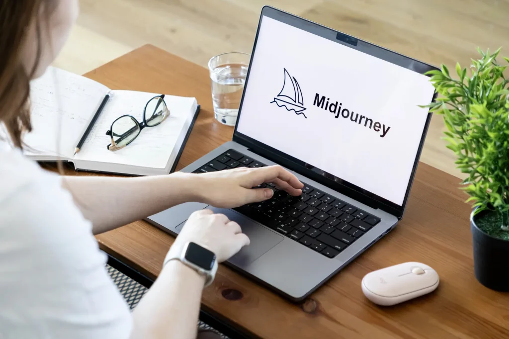 شخصی که از یک لپ تاپ با آرم Midjourney روی صفحه نمایش استفاده می کند و به نمایندگی از کارهای خلاقانه در تولید تصویر و تولید فیلم AI