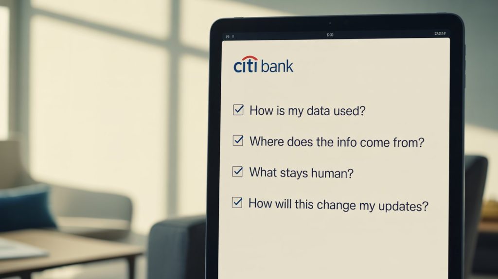 یک صفحه تبلت که یک لیست چک لیست Citi Bank با چهار سؤال اصلی مشتری را نشان می دهد: 