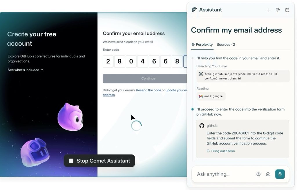 دستیار مرورگر دنباله دار به تأیید آدرس ایمیل در هنگام تنظیم حساب GitHub کمک می کند