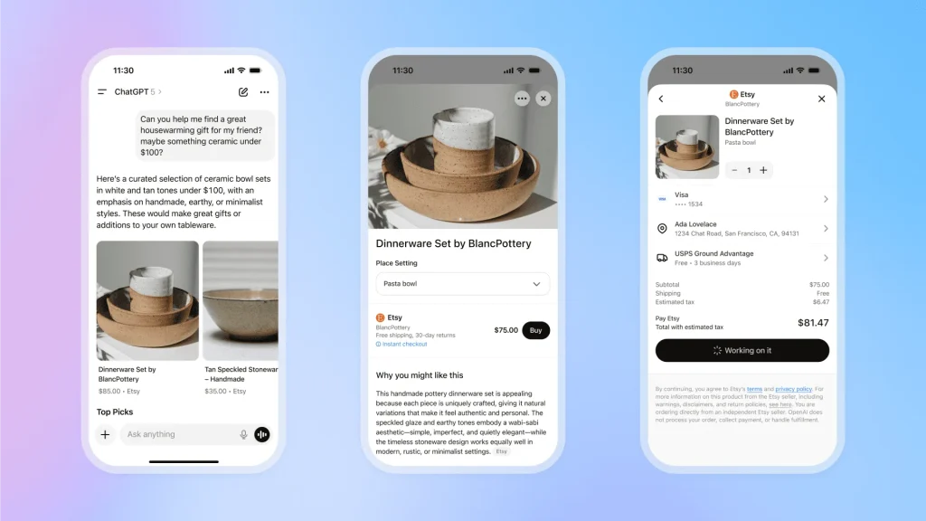 پرداخت فوری در Chatgpt نشان می دهد یک مجموعه خرید و فروش ظروف غذاخوری با Etsy در صفحه موبایل
