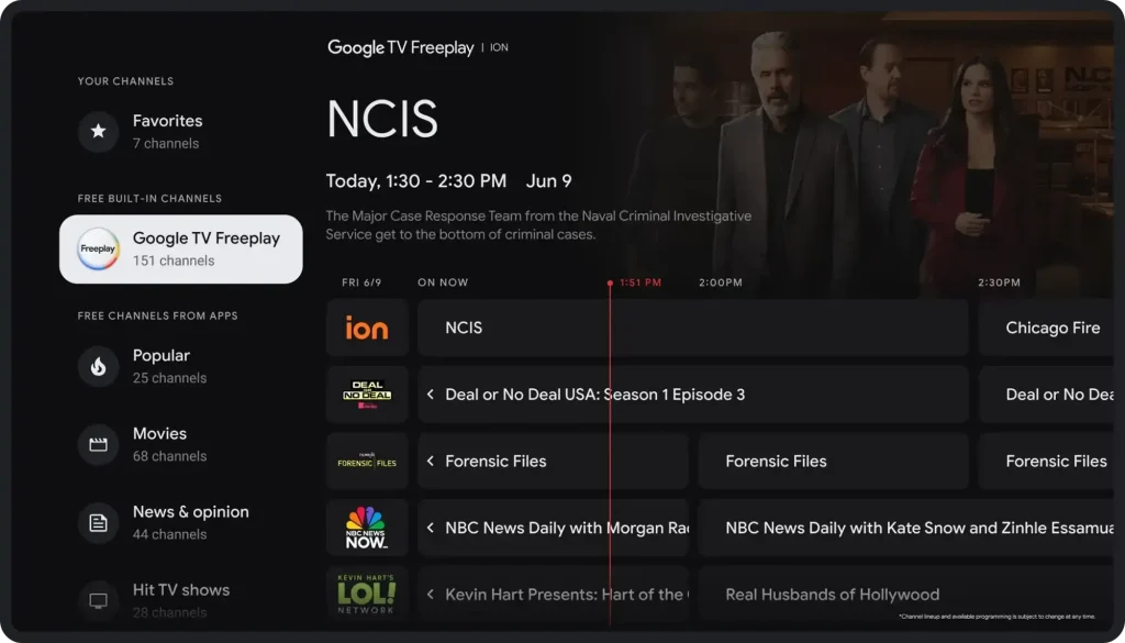 نمایش تلویزیون زنده Gemini برای تلویزیون در Google TV Freeplay که NCIS و فهرستی از کانال‌های رایگان را نشان می‌دهد.